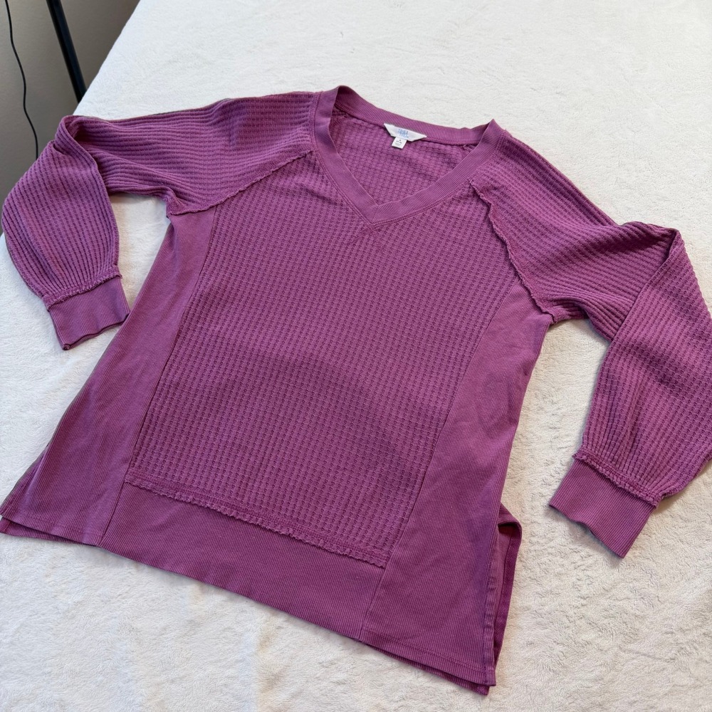Time and Tru Waffle Knit Top Womens S Purple Good V-Neck Long Sleeve Thermal - Picture 9 of 9